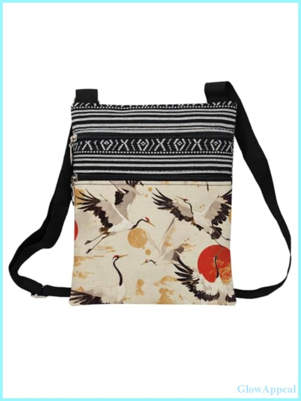 Ukiyoe Crane Crossbody Bag Polyester Adjustable Strap Zipper Small Ethnic Print